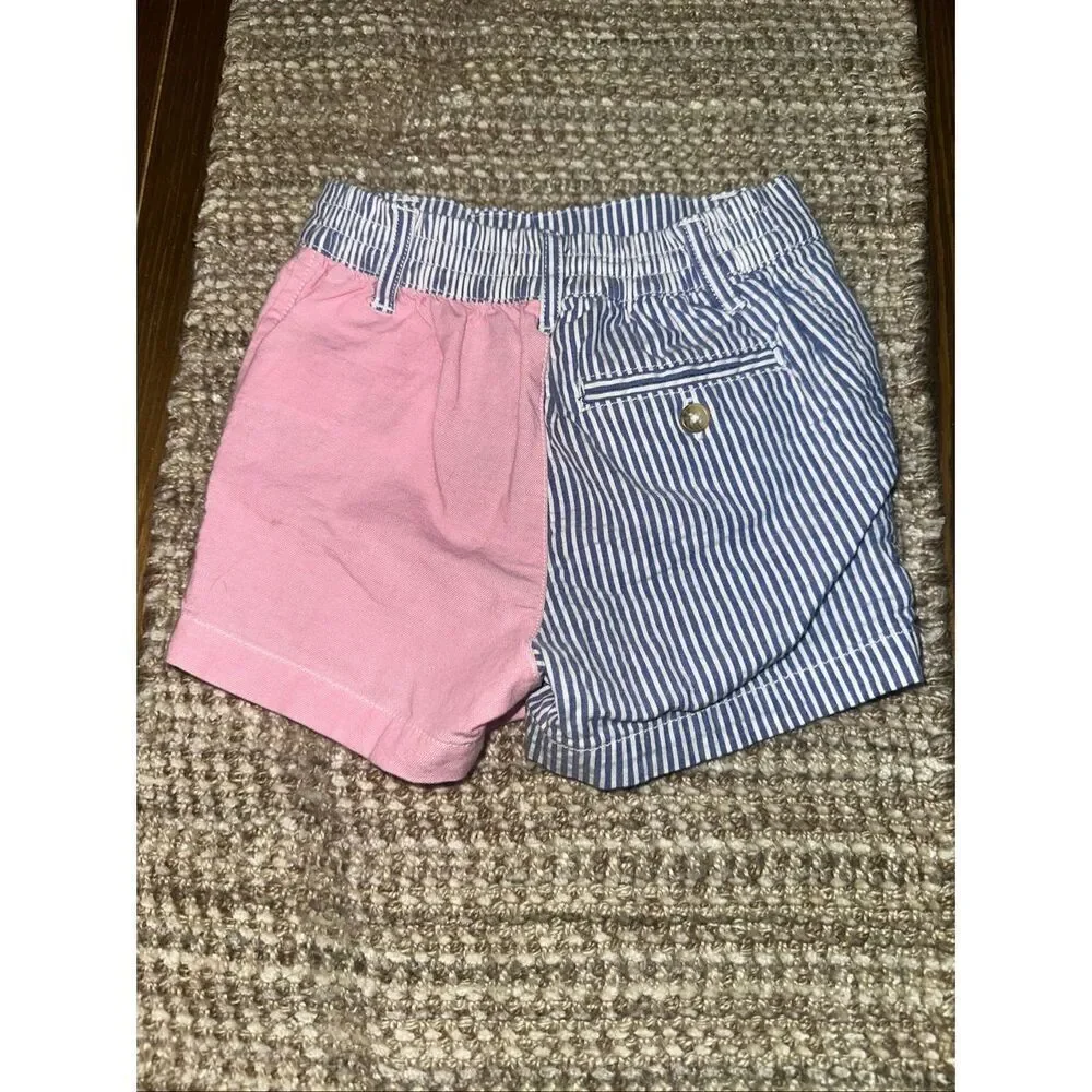 Ralph Lauren asymmetrical blue and white pin stripe and pink color block shorts